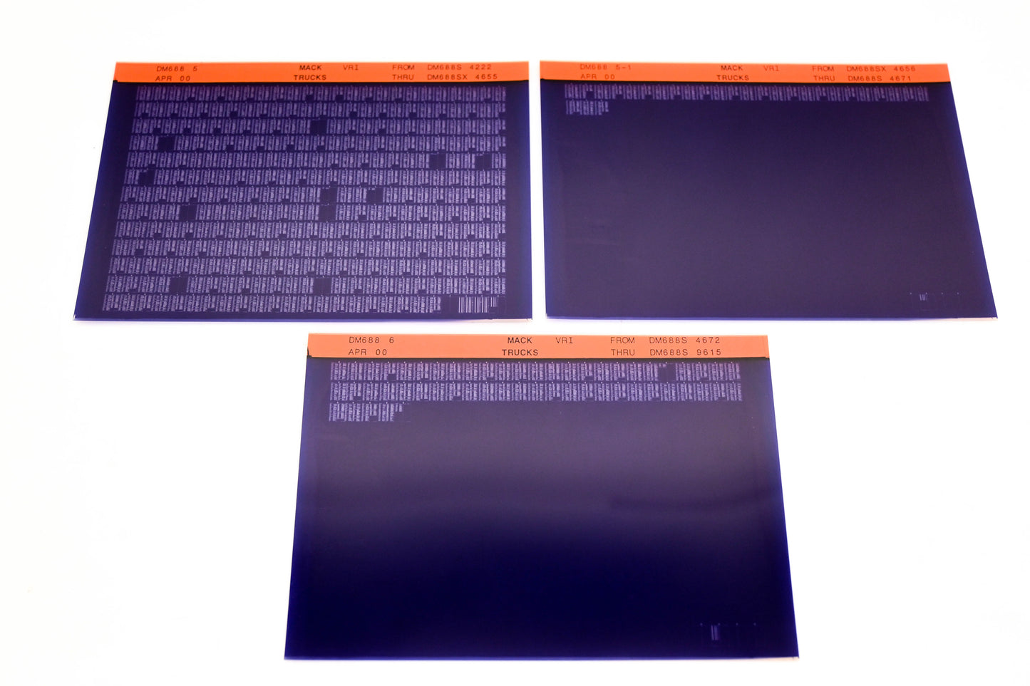 Mack DM688 5, DM688 5-1, DM688 6 DM688S4222 - DM688S9615 VRI Microfiche Lot of 3 NOS