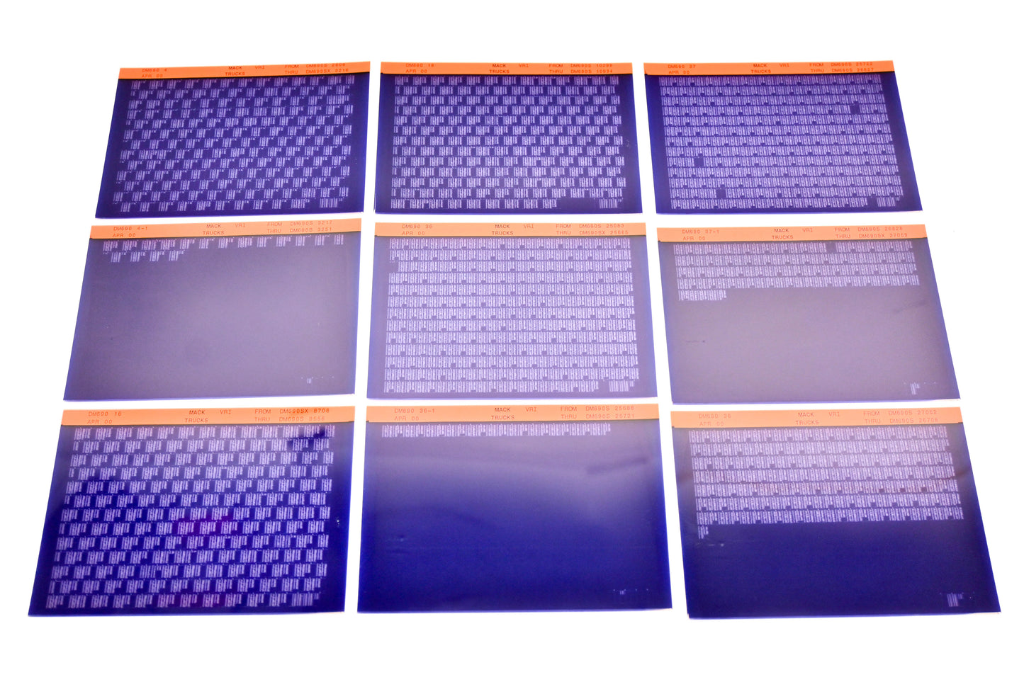 Mack DM690 4, DM690 4-1, DM590 38 DM690S2808 - DM690S26708 VRI Microfiche Lot of 9 NOS