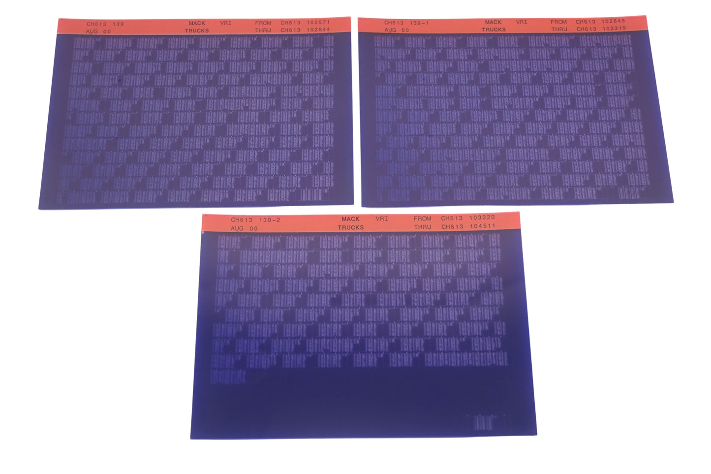Mack CH613 139, CH613 139-1, CH613 139-2 CH613102571 - CH613104511 VRI Microfiche Lot of 3 NOS