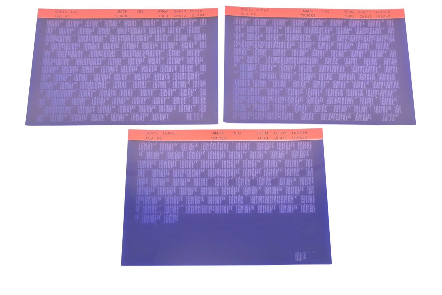 Mack CH613 138, CH613 138-1, CH613 138-2 CH61399556 - CH613102570 VRI Microfiche Lot of 3 NOS