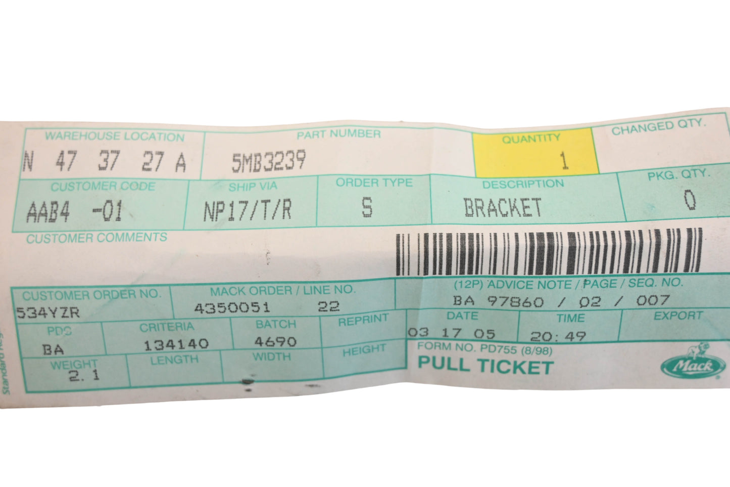 Mack 5MB3239 Bracket NOS