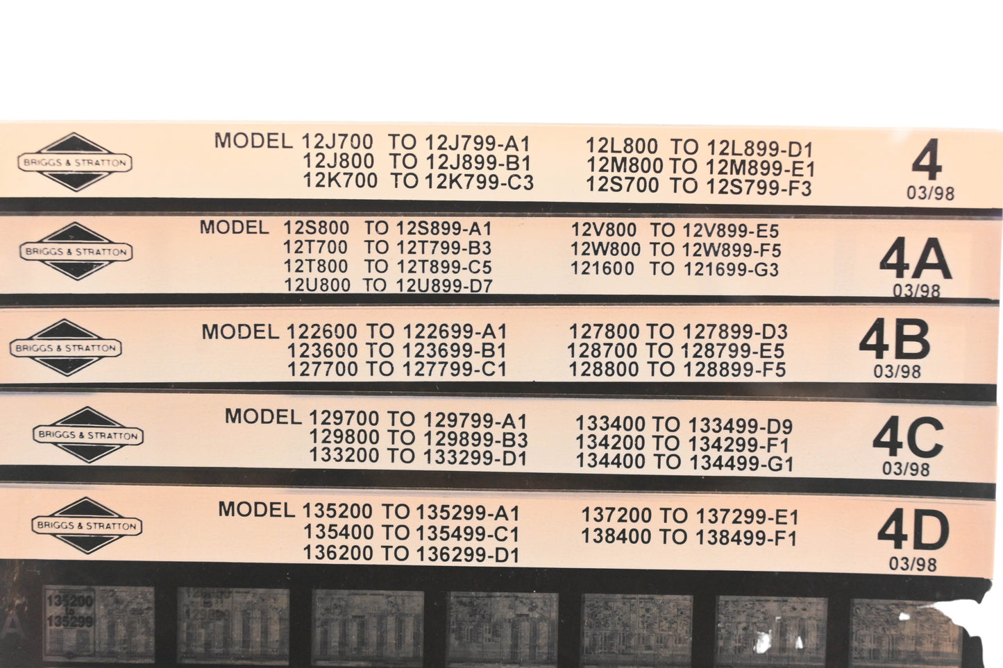 OEM Briggs & Stratton 4, 4A, 4D Model Info Rev:3/98 Microfiche Lot