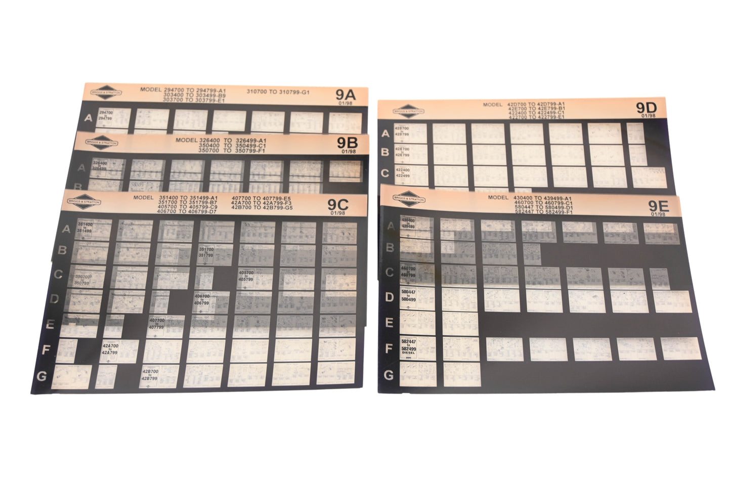 OEM Briggs & Stratton 9A, 9B, 9E Model Info Rev:1/98 Microfiche Lot