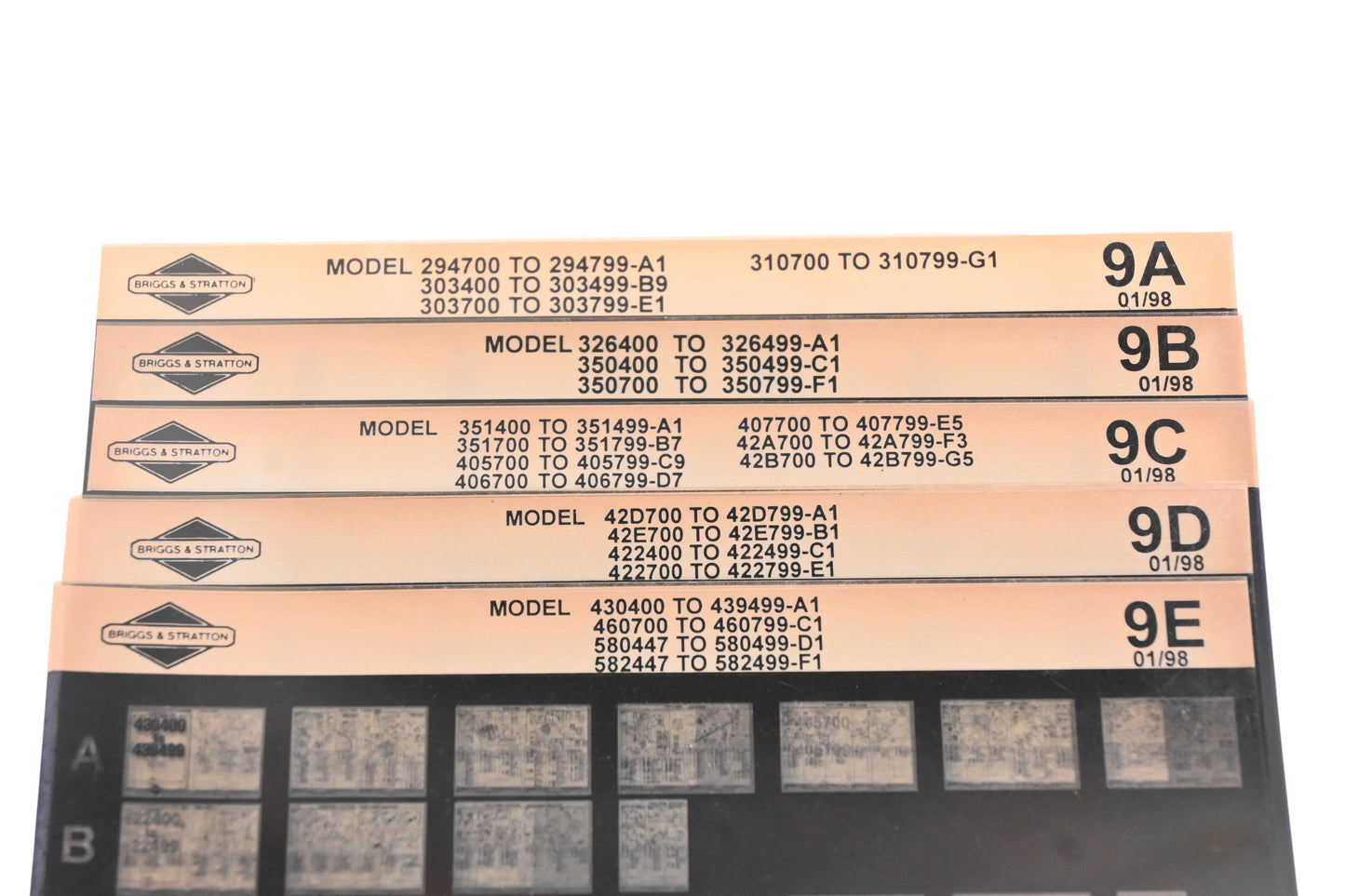 OEM Briggs & Stratton 9A, 9B, 9E Model Info Rev:1/98 Microfiche Lot