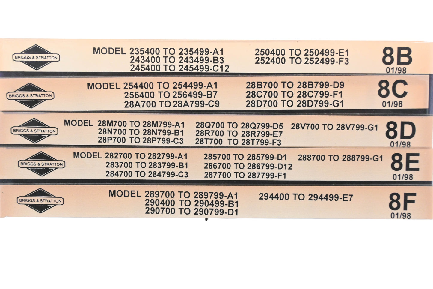 OEM Briggs & Stratton 8B, 8C, 8F Model Info Rev:1/98 Microfiche Lot