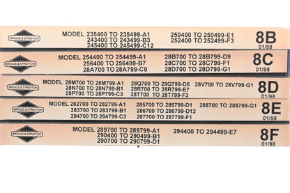 OEM Briggs & Stratton 8B, 8C, 8F Model Info Rev:1/98 Microfiche Lot