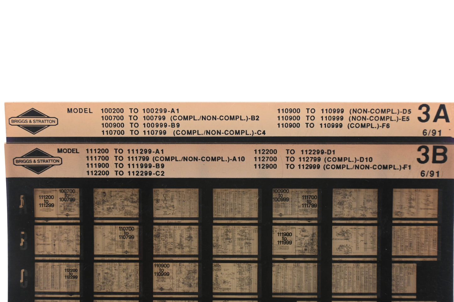 OEM Briggs & Stratton 3A, 3B Model Info Rev:6/91 Microfiche Lot