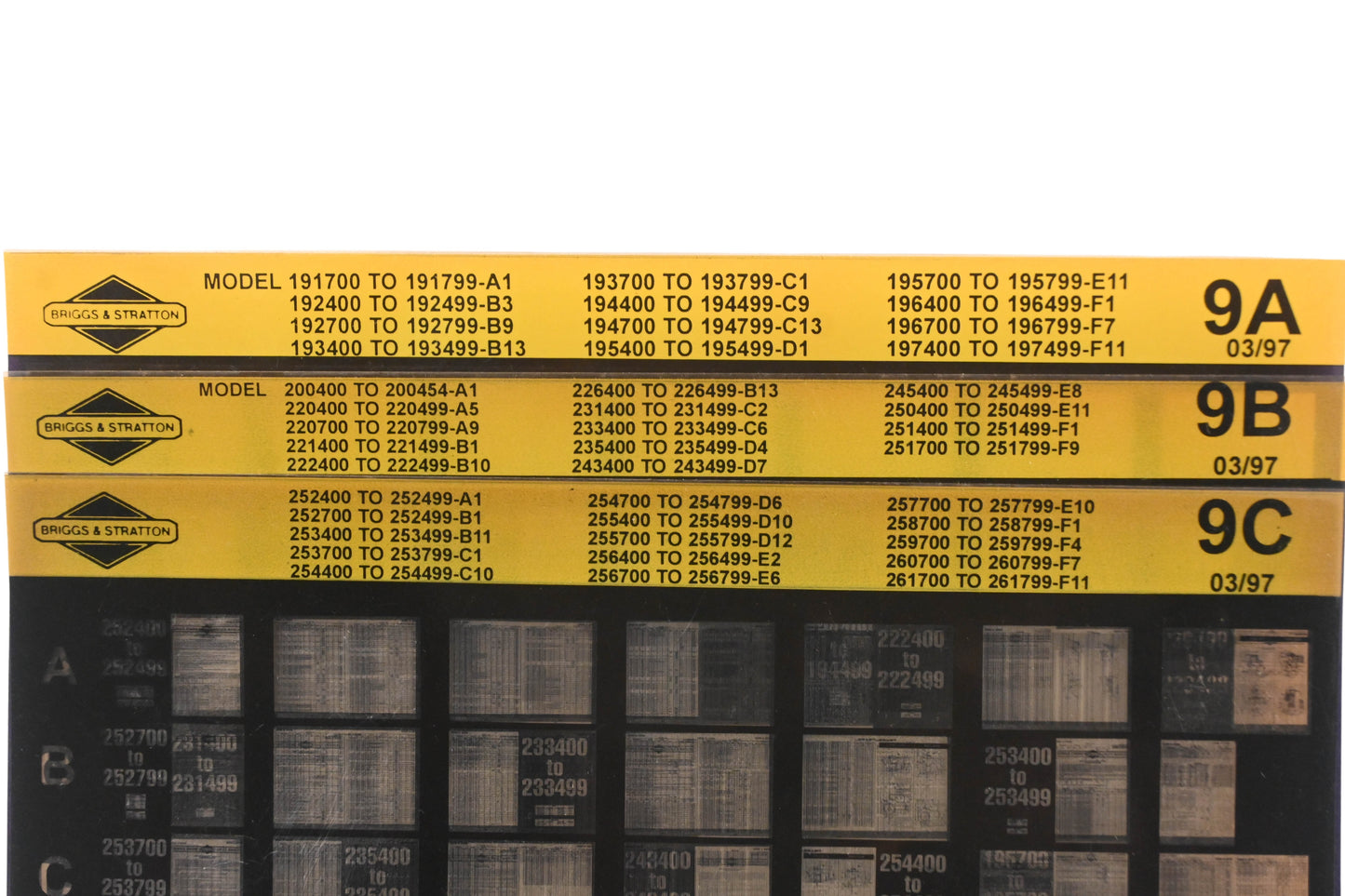 OEM Briggs & Stratton 9A, 9B, 9C Model Info Rev:3/97 Microfiche Lot
