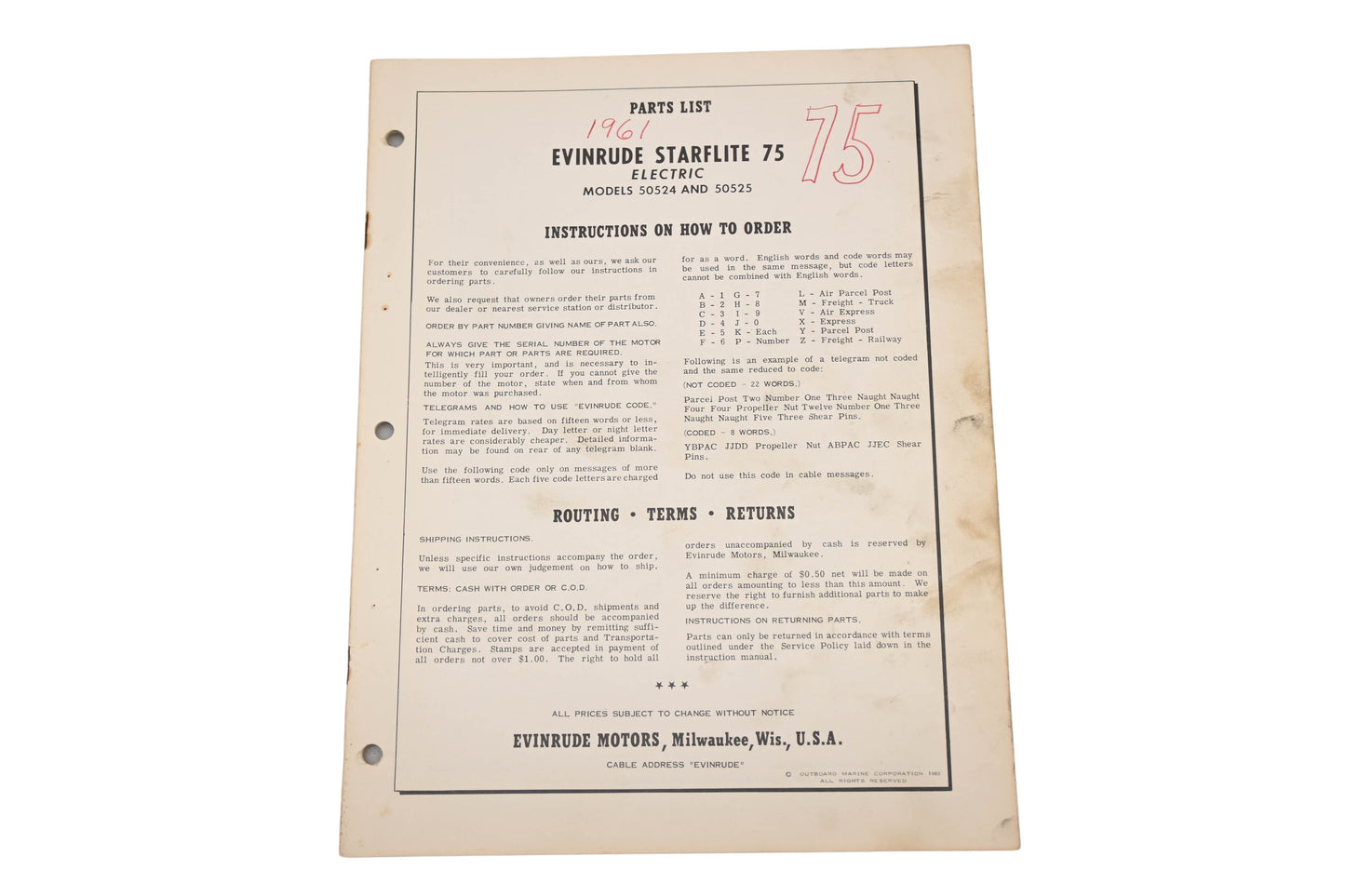 Evinrude 2672 1961 Starflite 75 Electric 50524/50225 Parts List Catalog