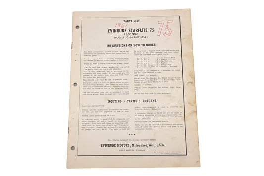 Evinrude 2672 1961 Starflite 75 Electric 50524/50225 Parts List Catalog
