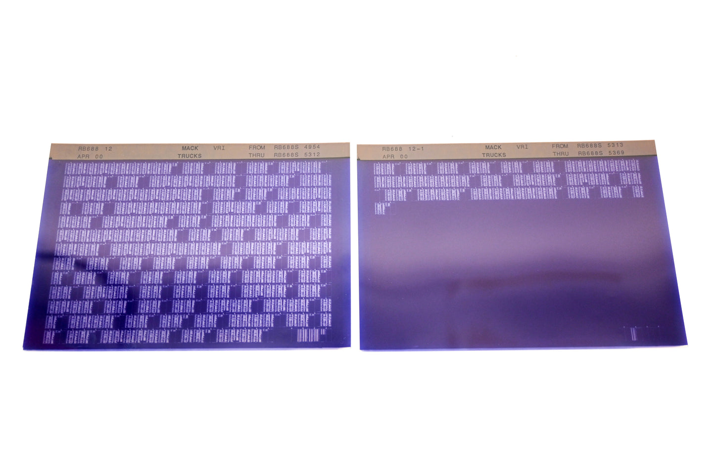 Mack RB688 12, RB688 12-1 RB688S4954 - RB688S5369 VRI Microfiche Lot of 2 NOS