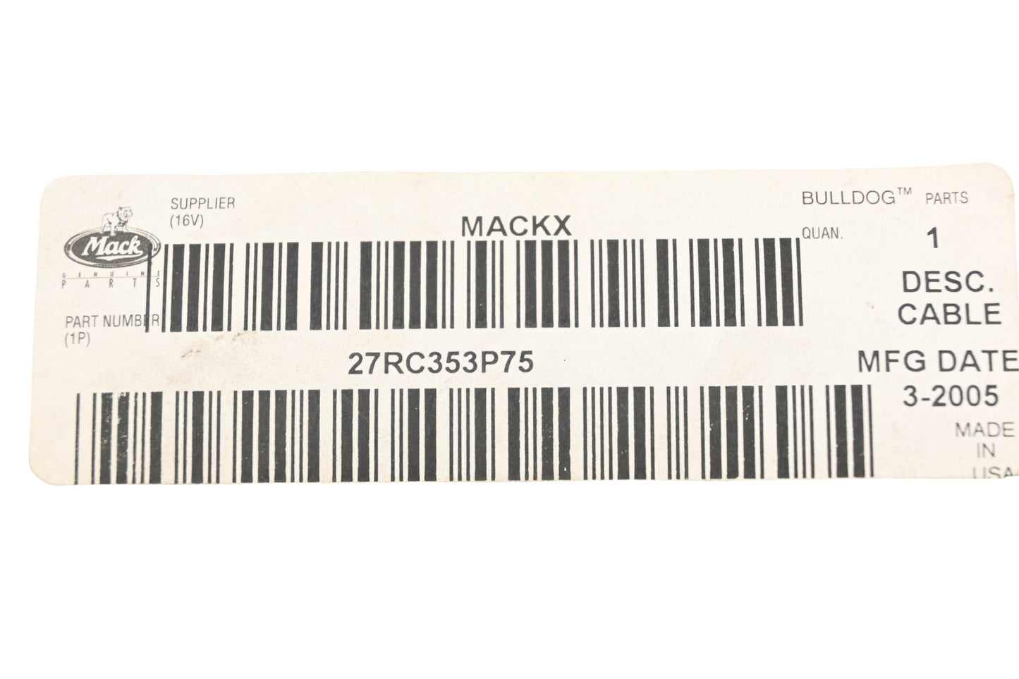 Mack 27RC353P75 Control Cable NOS