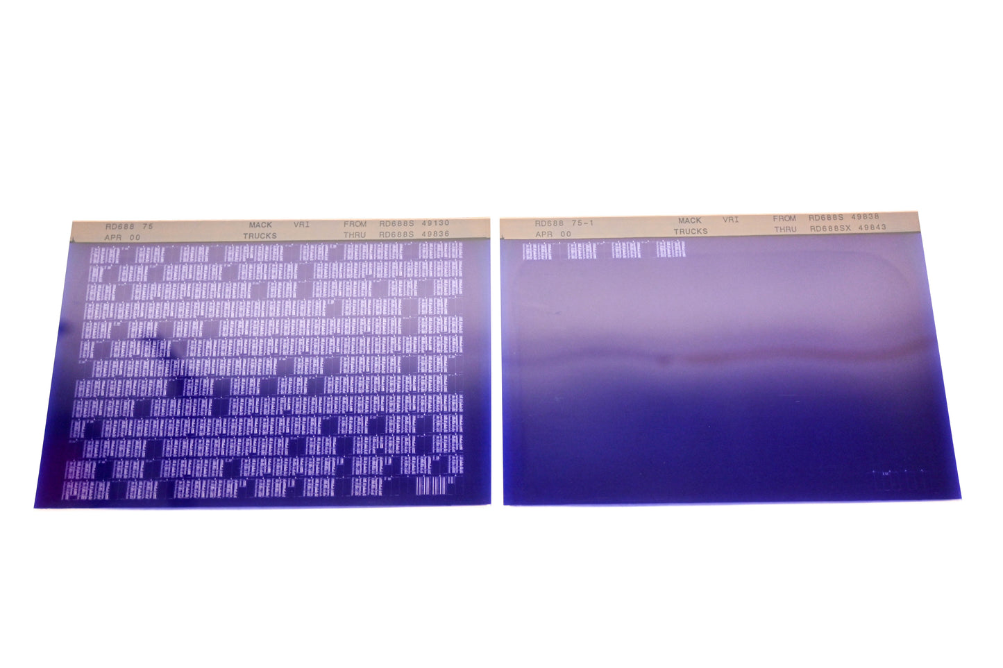 Mack RD688 75, RD688 75-1 RD688S49130 - RD688SX49843 VRI Microfiche Lot of 2 NOS