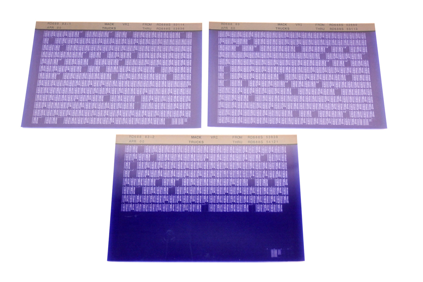 Mack RD688 83, RD688 83-1, RD688 83-2 RD688S52689 - RD688S54121 VRI Microfiche Lot of 3 NOS