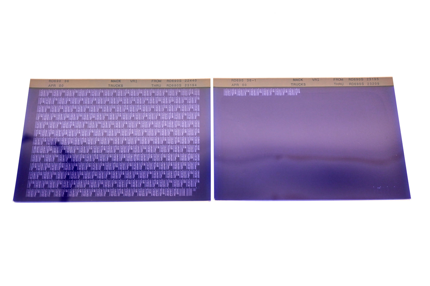 Mack RD690 36, RD690 36-1 Rd690S22440 -RD690S23209 VRI Microfiche Lot of 2 NOS