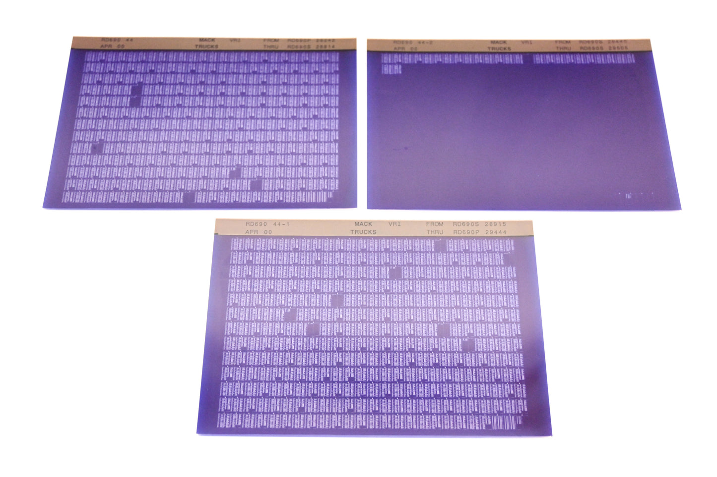 Mack RD690 44, RD690 44-1, RD690 44-2 RD690R28242 - RD690S305816 VRI Microfiche Lot of 3 NOS