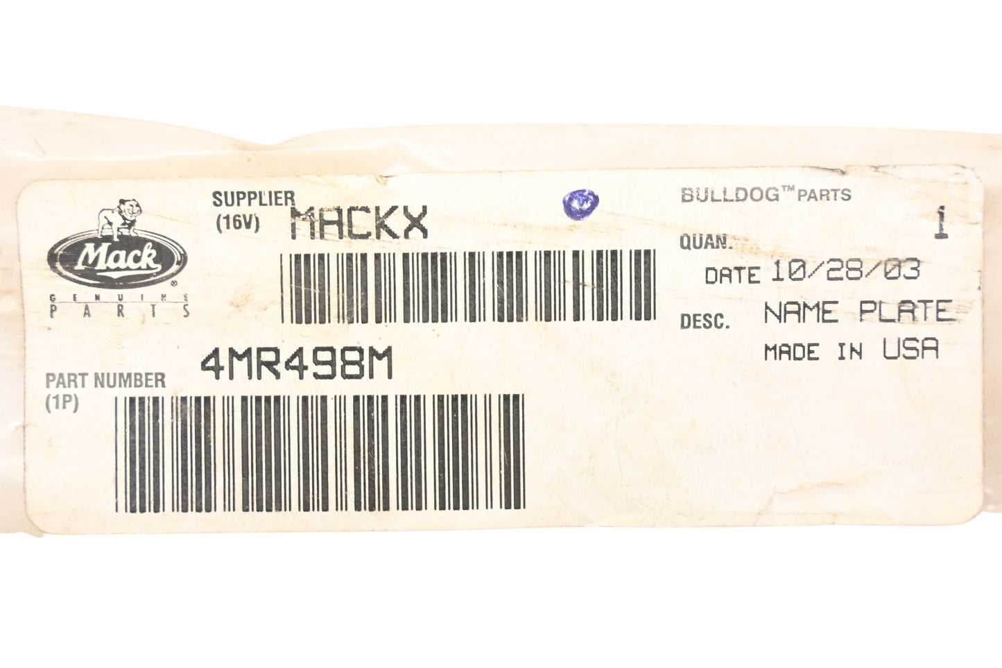 Mack 4MR498M E7-454 Name Plate NOS