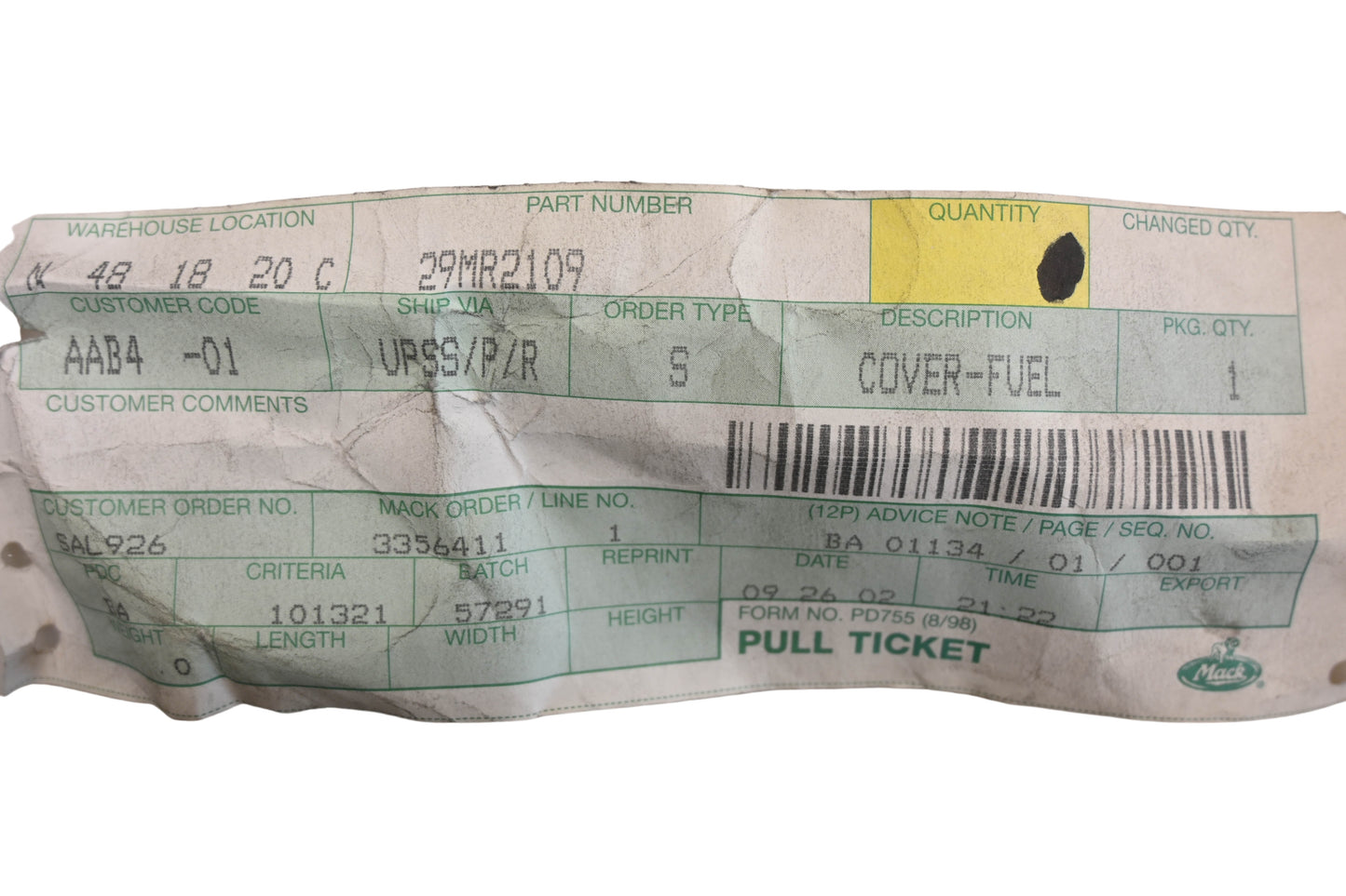Mack 29MR2109 Cover NOS