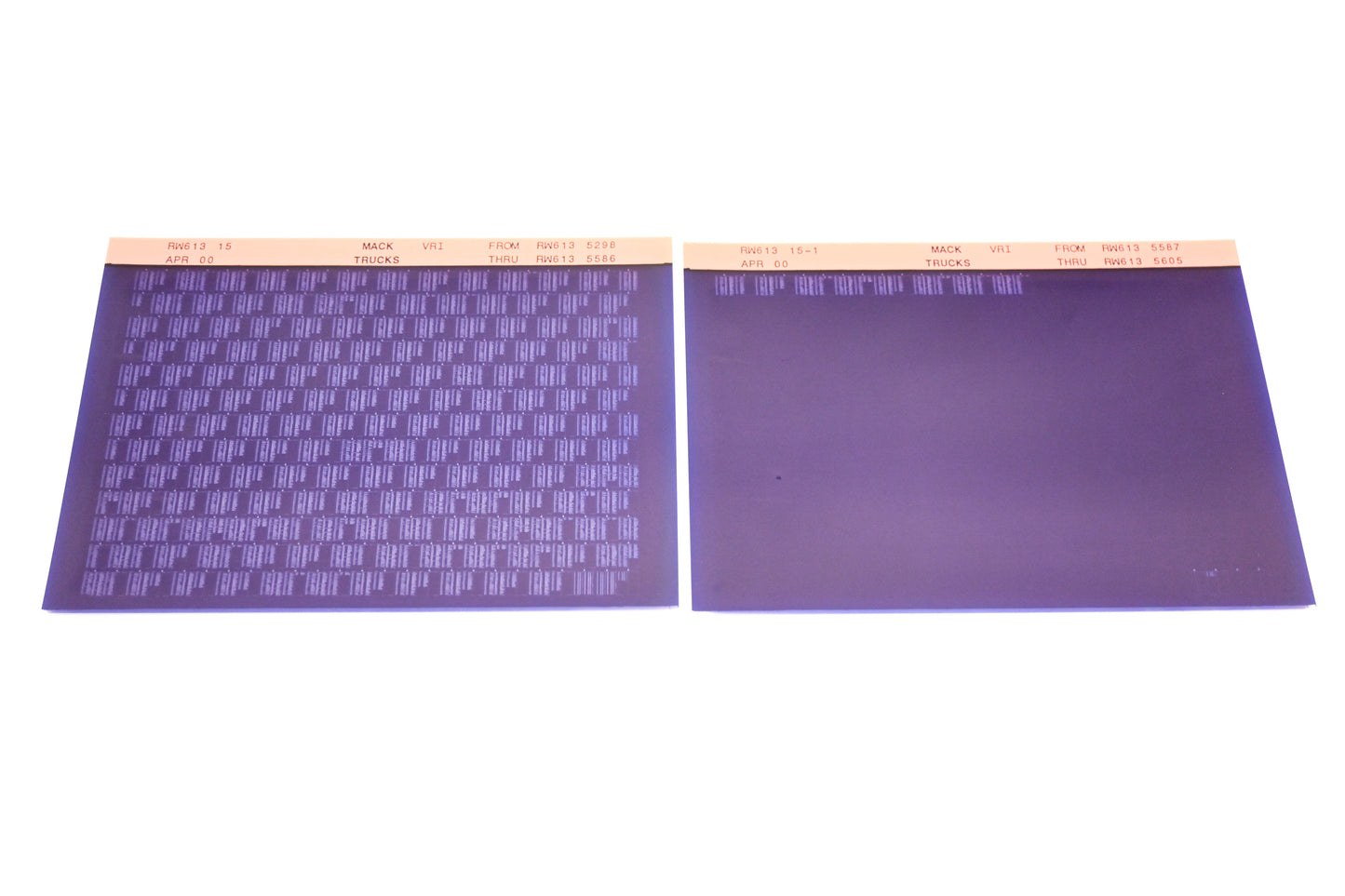 Mack RW613 15, RW613 15-1 RW6135298 - RW6135605 VRI Microfiche Lot of 2 NOS