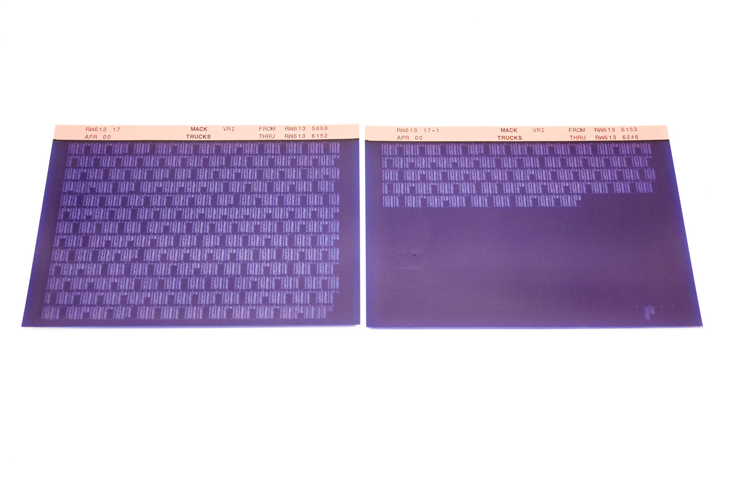 Mack RW613 17, RW613 17-1 RW6135869 - RW6136246 VRI Microfiche Lot of 2 NOS