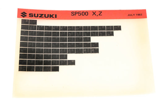 Suzuki SP500XZ SP500 X,Y Parts Catalog Microfiche Rev:7/1982