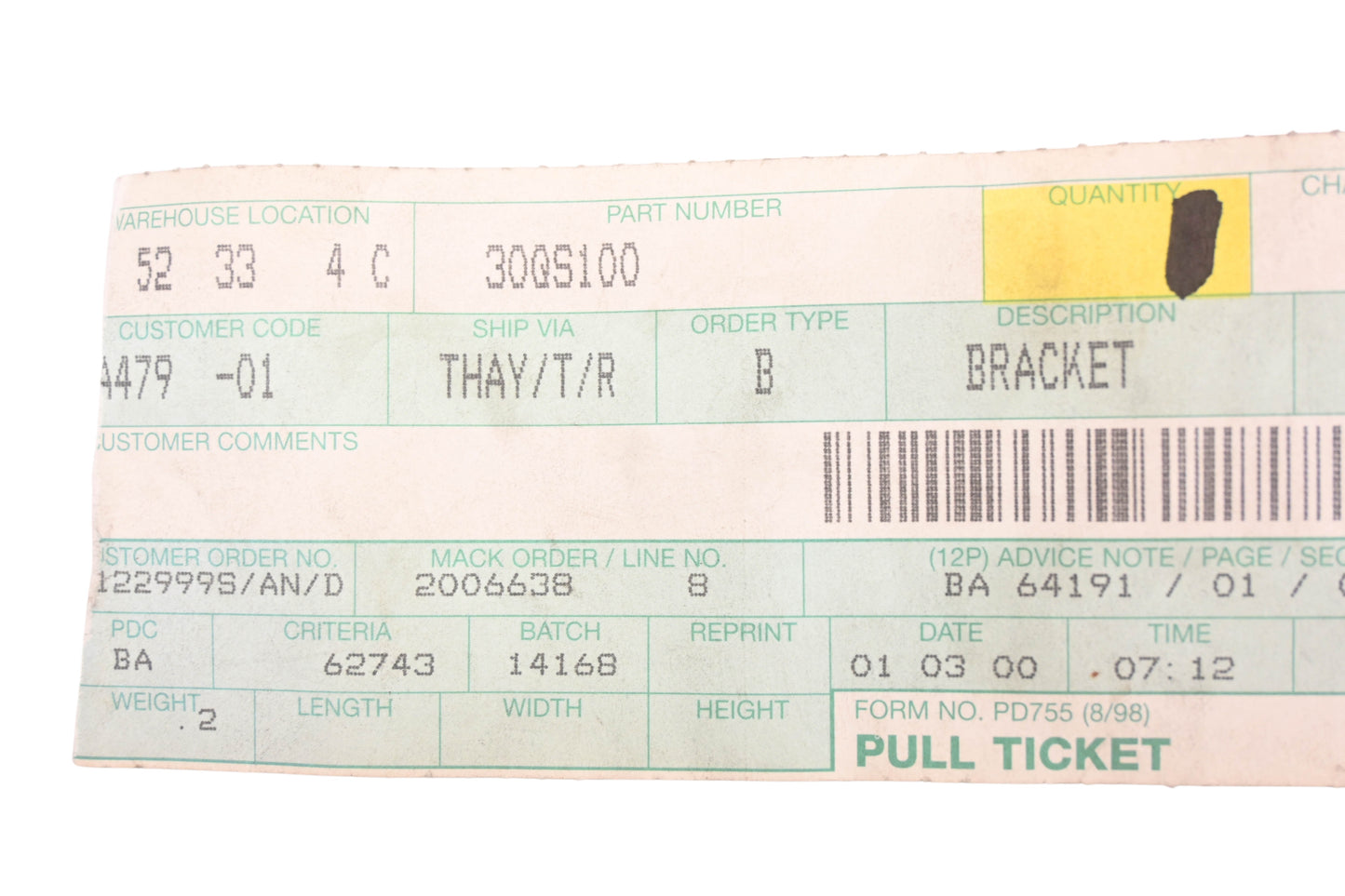 Mack 30QS100, 25191050 Bracket NOS