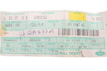 Mack 20802362, 14QM433M Hood Mounting Guide Bar NOS