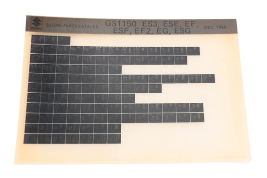 OEM Suzuki GS1150ES3SESEFESFEF2EGESG GS1150 ES3, ESE, EF, ESF, EF2, EG, ESG Parts Catalog Microfiche Rev:12/1986