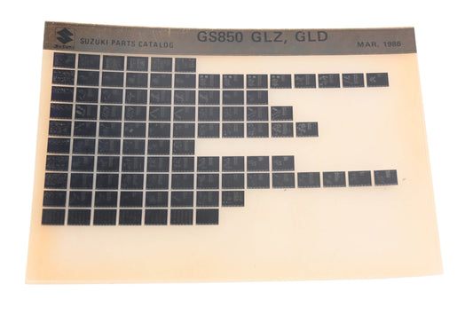 OEM Suzuki GS850GLZGLD GS850 GLZ, GLD Parts Catalog Microfiche Rev:3/1986