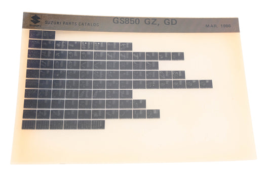 OEM Suzuki GS850GZGD GS850 GZ, GD Parts Catalog Microfiche Rev:3/1986