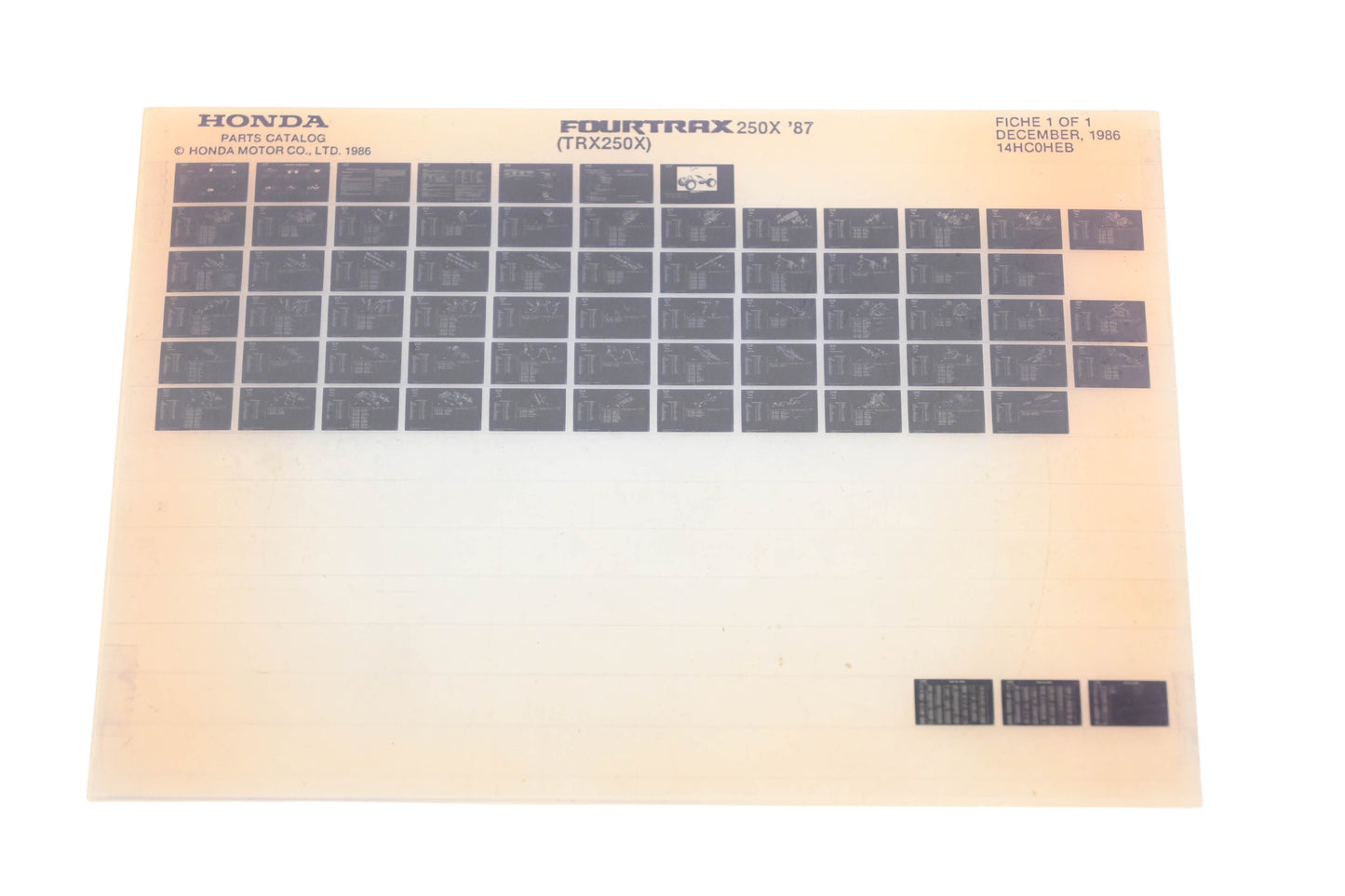 OEM Honda 12HC0HEB TRX250X Fourtrax 250X 1987 Parts Catalog Microfiche Rev:12/1986
