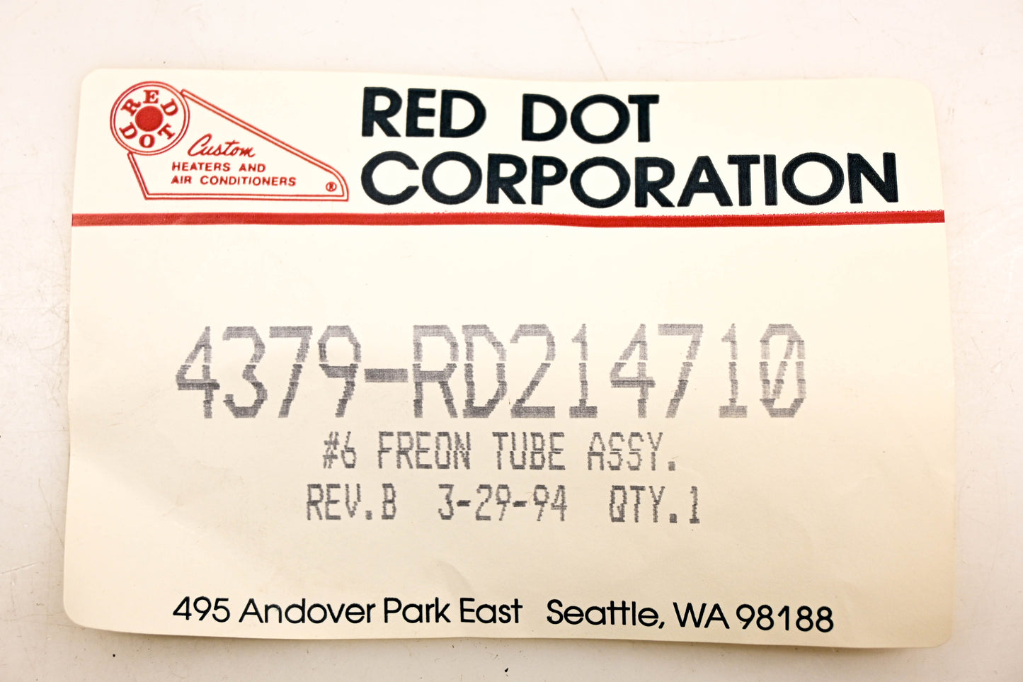 Red Dot 4379-RD214710 #6 Freon Tube NOS