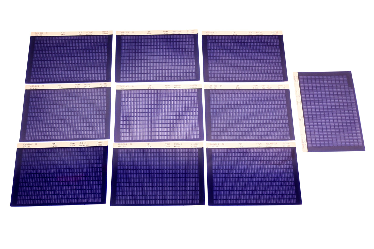Mack MOD-SEQ 01, MOD-SEQ 02, MOD-SEQ 10 Vin Index CF611F002119 - WS792LS001015 Microfiche Lot of 10 NOS