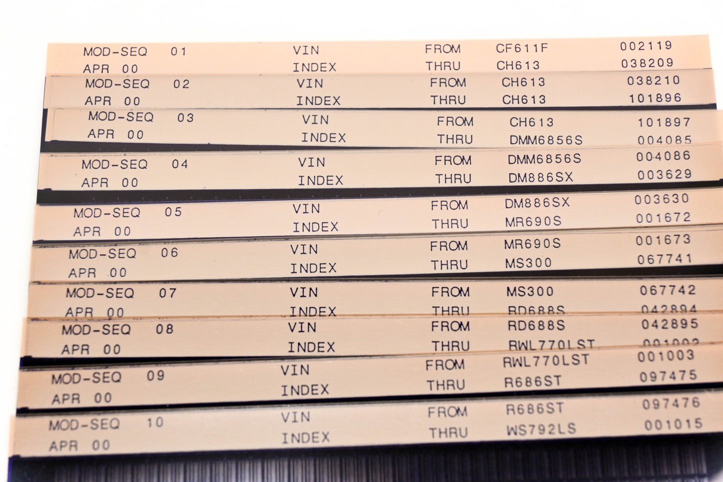 Mack MOD-SEQ 01, MOD-SEQ 02, MOD-SEQ 10 Vin Index CF611F002119 - WS792LS001015 Microfiche Lot of 10 NOS