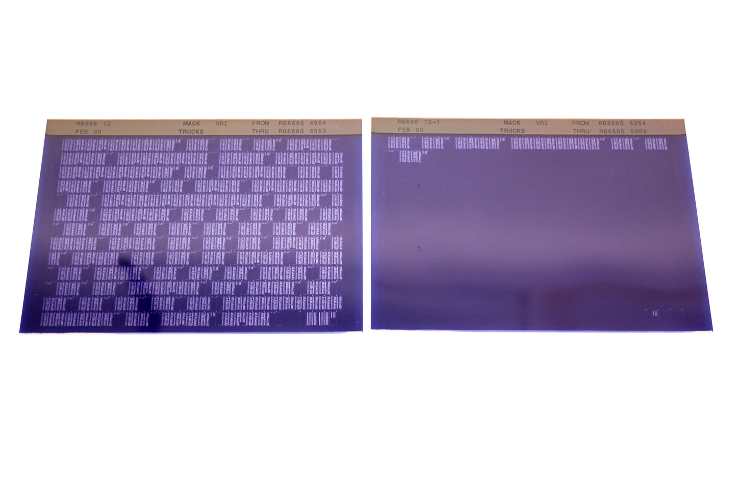 Mack RB688 12, RB688 12-1 RB688S4954 - RB688S5369 VRI Microfiche Lot of 2 NOS