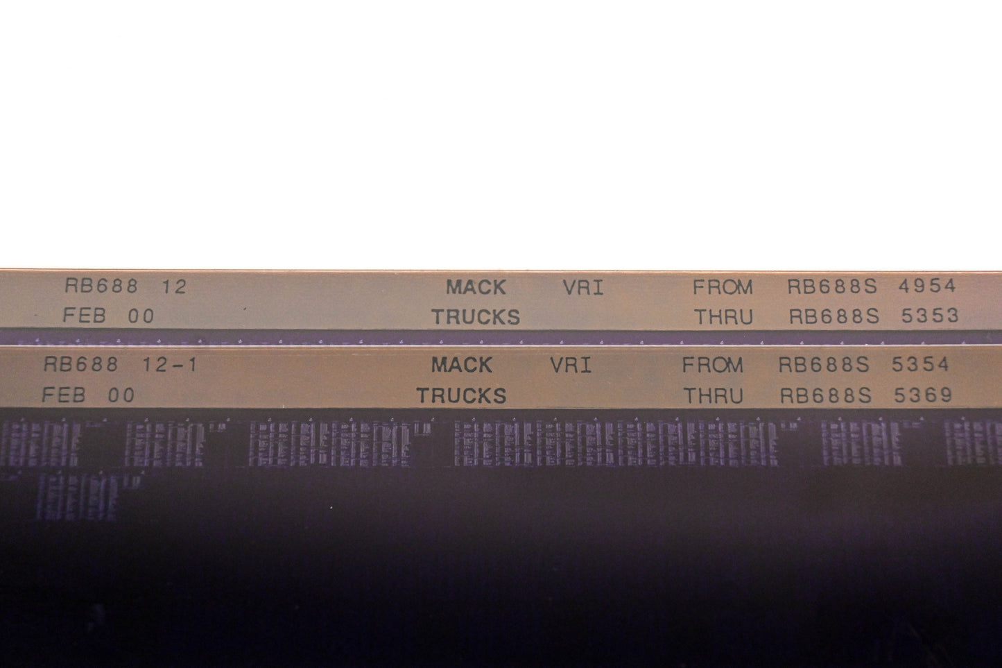 Mack RB688 12, RB688 12-1 RB688S4954 - RB688S5369 VRI Microfiche Lot of 2 NOS