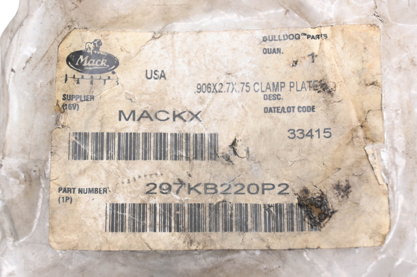Mack 297KB220P2 Clamp Plate .906x7x.75 NOS