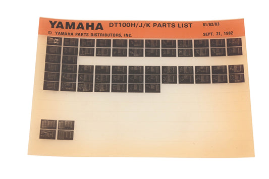 OEM Yamaha XM005-106 1981-83 DT100H/J/K Parts List Microfiche Rev:9/21/1982