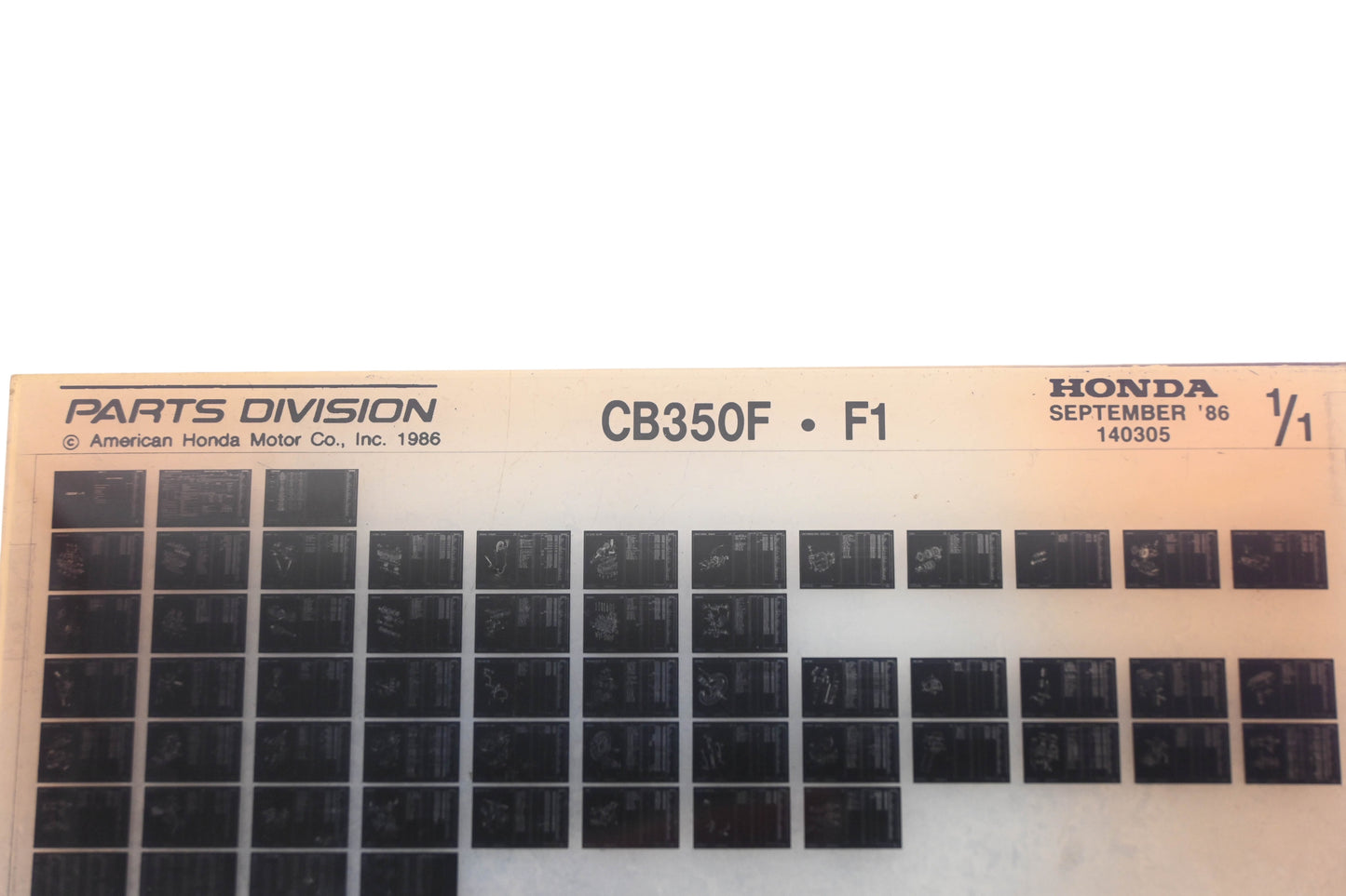 OEM Honda 140305 CB350F F1 Parts List Microfiche Rev:9/1986