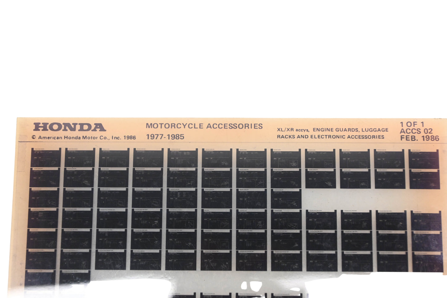 New OEM Honda ACCS 02 1977-85 Motorcycle Accessories Microfiche Rev:2/1986 NOS