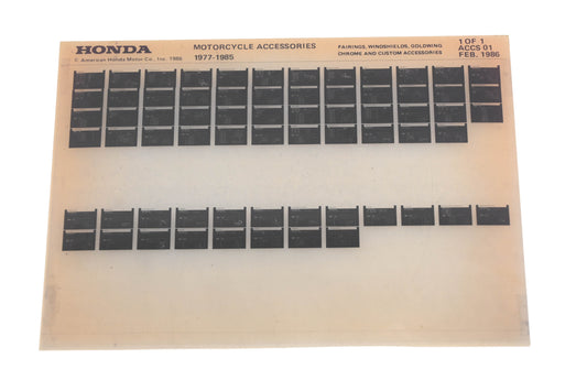 New OEM Honda ACCS 01 1977-85 Motorcycle Accessories Microfiche Rev:2/1986 NOS