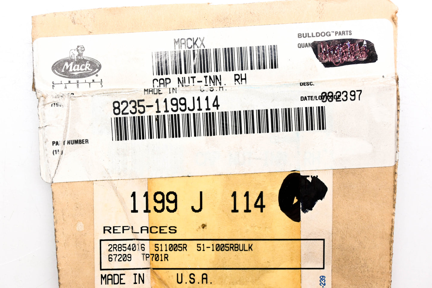 Mack 8235-1199J114, 1199 J 114 Rockwell Inner Righthand Cap Nut NOS