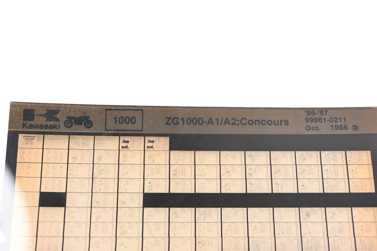 OEM Kawasaki 99961-0211 1986-87 ZG1000-A1/A2:Concours Parts List Microfiche Rev:10/1986
