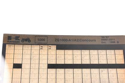 OEM Kawasaki 99961-0211 1986-87 ZG1000-A1/A2:Concours Parts List Microfiche Rev:10/1986