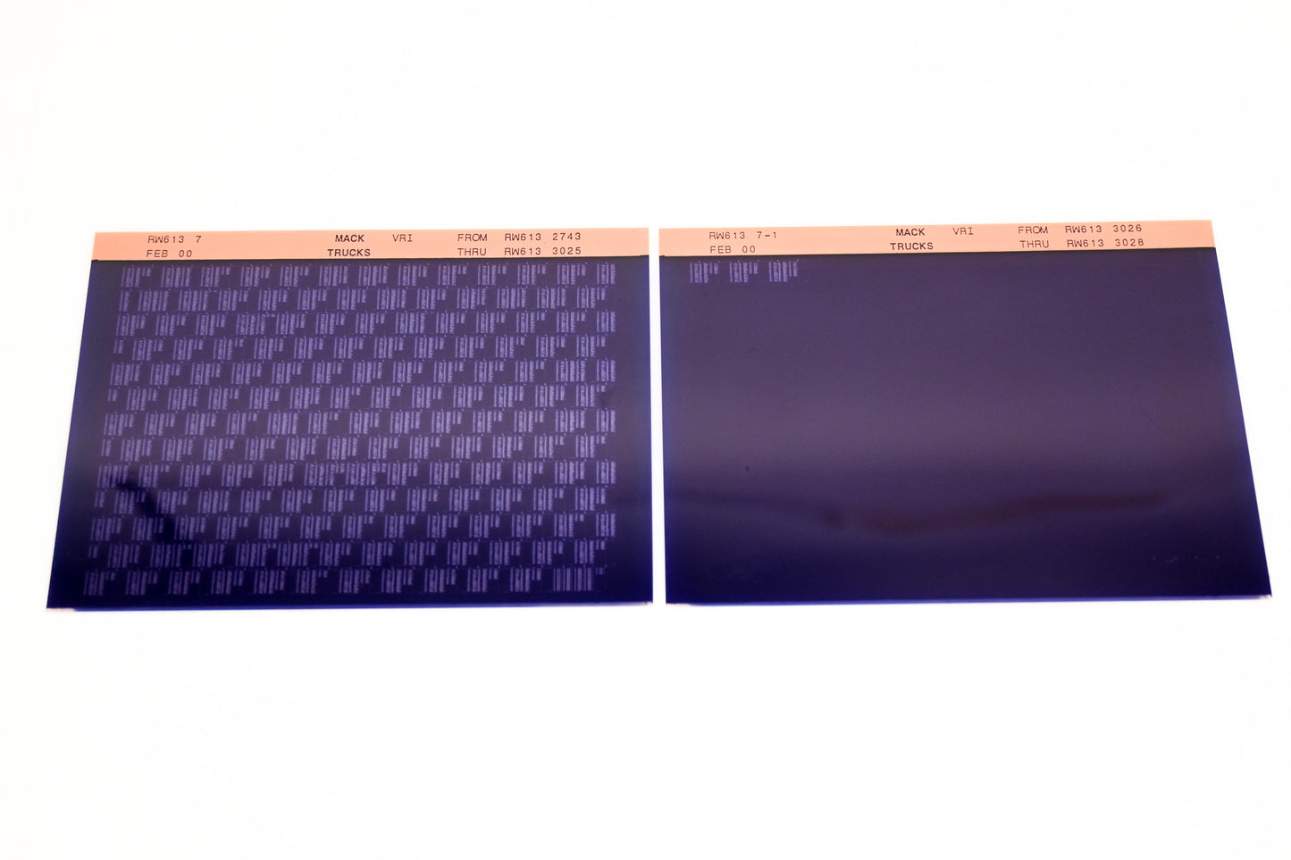 Mack RW613 7, RW613 7-1 RW6132743 - RW6133028 VRI Microfiche Lot of 2 NOS