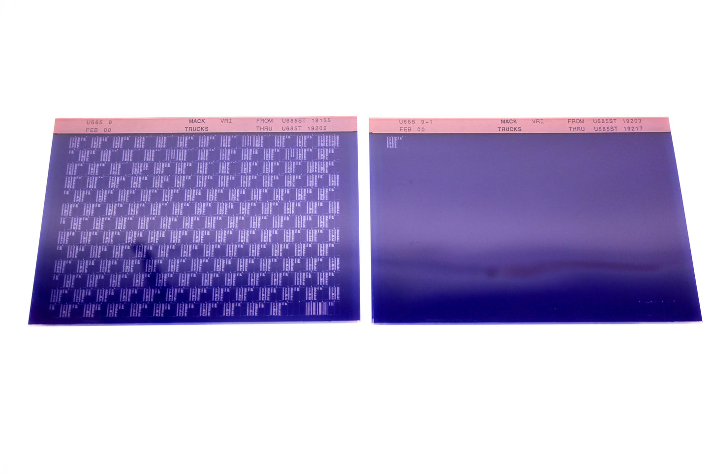 Mack U685 9, U685 9-1 U685ST18156 - U685ST19217 VRI Microfiche Lot of 2 NOS