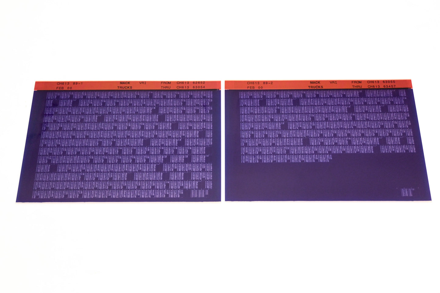 Mack CH613 89-1, CH613 89-2 CH61362652 - CH61363457 VRI Microfiche Lot of 2 NOS