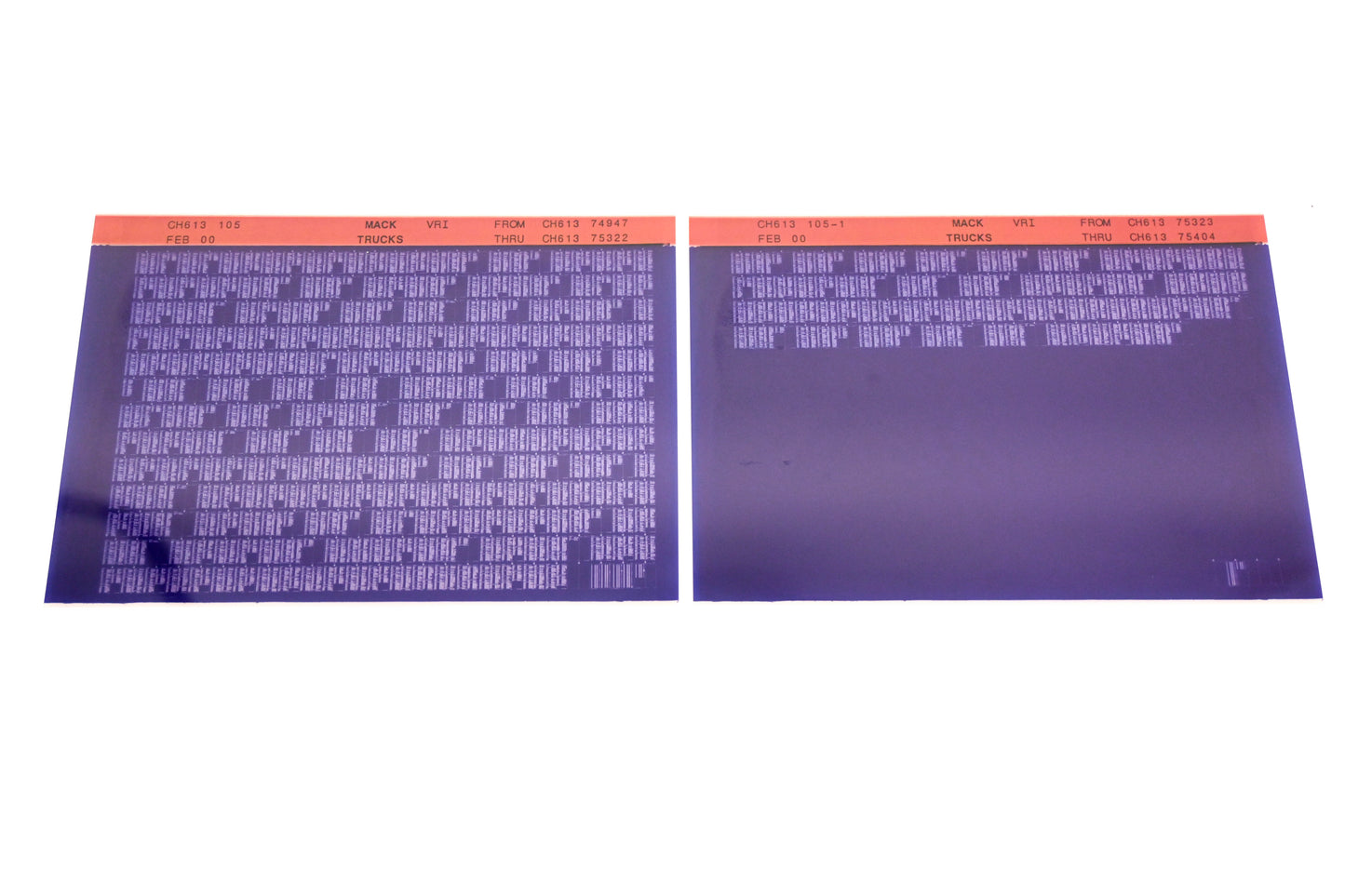 Mack CH613 105, CH613 105-1 CH61374947 - CH61375404 VRI Microfiche Lot of 2 NOS