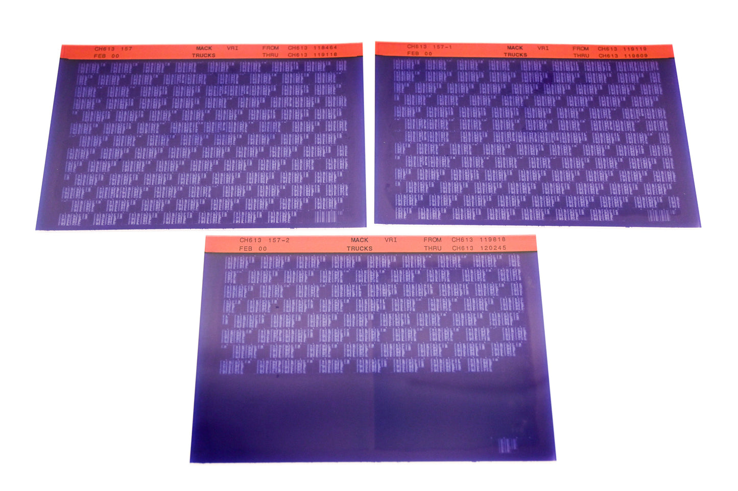Mack CH613 157, CH613 157-1, CH613 157-2 CH613118464 - CH613120245 VRI Microfiche Lot of 3 NOS