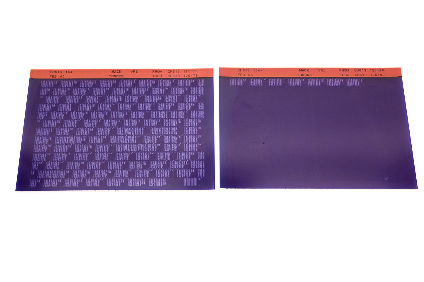Mack CH613 164, CH613 164-1 CH613125879 - CH613126190 VRI Microfiche Lot of 2 NOS